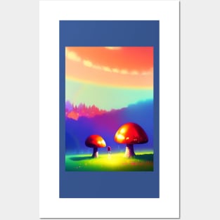 DREAMY SURREAL RAINBOW AND MUSHROOMS Posters and Art